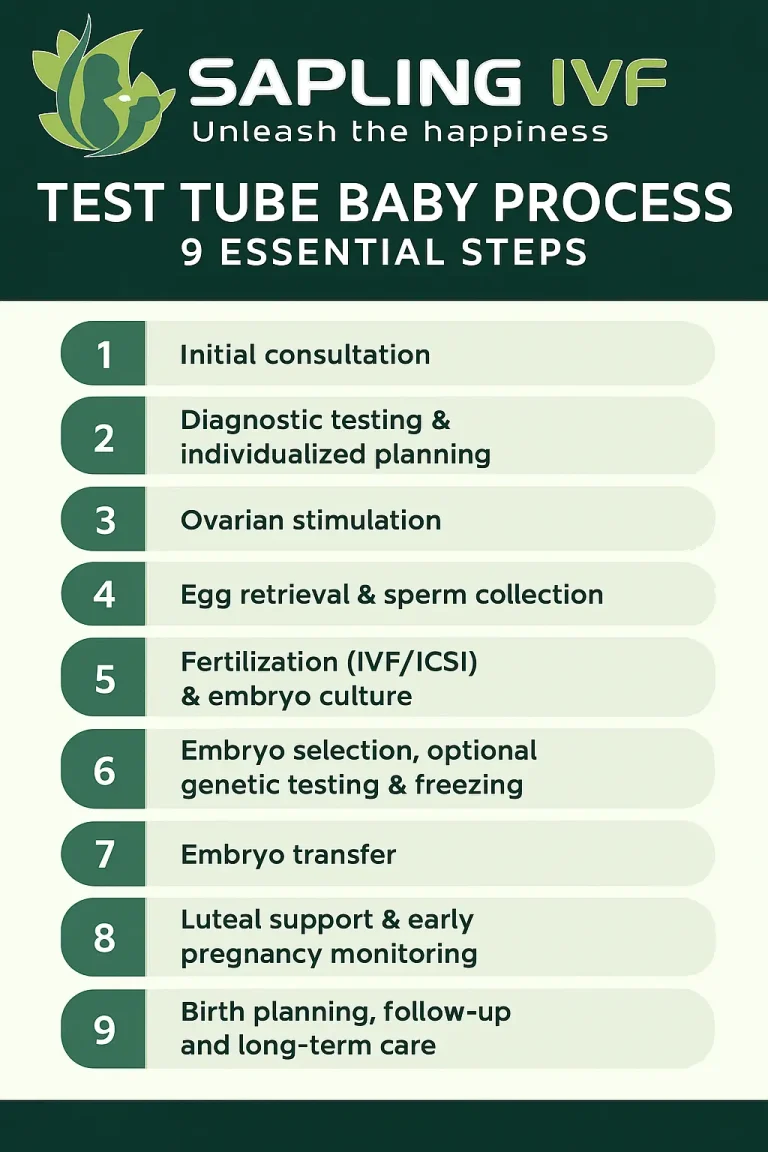 Infographic showing the 9 essential steps of the test tube baby process, from consultation to birth planning, by Sapling IVF Centre.