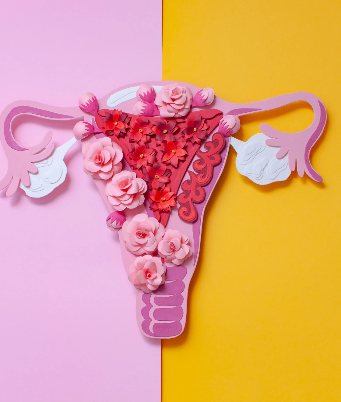 Illustration of uterus with flowers symbolizing uterine fibroids and women’s reproductive health with a confident young woman